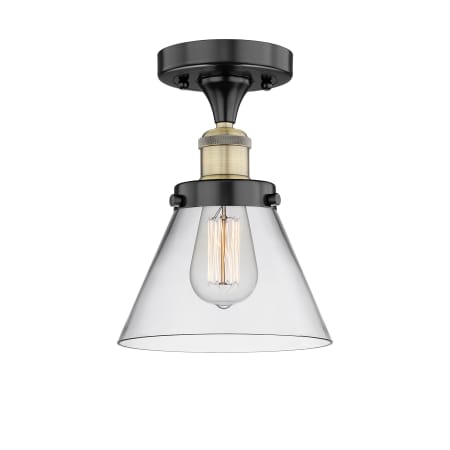 A large image of the Innovations Lighting 616-1F-10-8 Cone Semi-Flush Black Antique Brass / Clear
