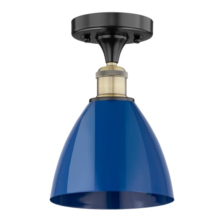 A large image of the Innovations Lighting 616-1F-11-8 Plymouth Dome Semi-Flush Black Antique Brass / Blue