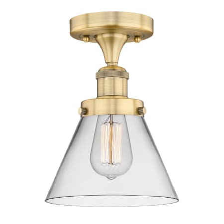 A large image of the Innovations Lighting 616-1F-10-8 Cone Semi-Flush Brushed Brass / Clear