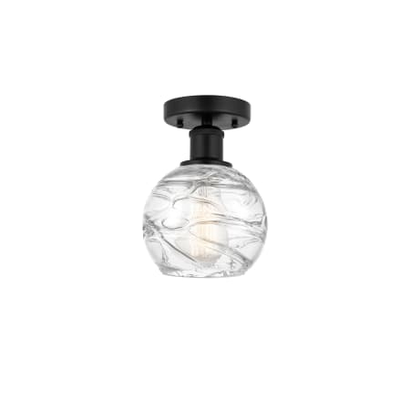A large image of the Innovations Lighting 616-1F-11-6 Athens Semi-Flush Matte Black / Clear Deco Swirl