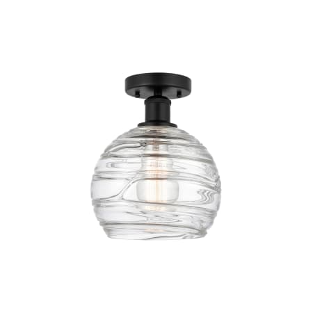 A large image of the Innovations Lighting 616-1F-13-8 Athens Semi-Flush Matte Black / Clear Deco Swirl