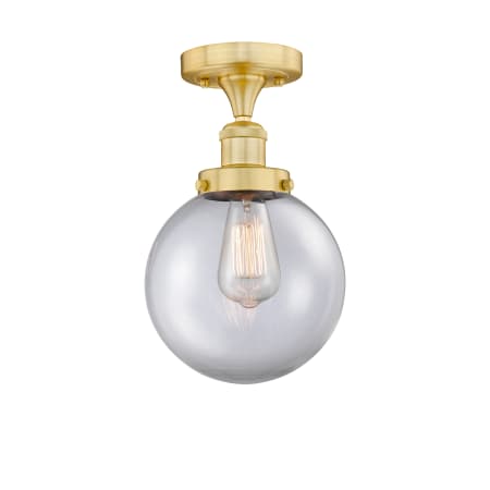 A large image of the Innovations Lighting 616-1F-9-8 Beacon Semi-Flush Satin Gold / Clear