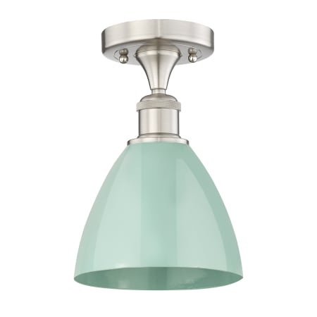 A large image of the Innovations Lighting 616-1F-11-8 Plymouth Dome Semi-Flush Satin Nickel / Seafoam