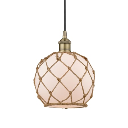 A large image of the Innovations Lighting 616-1P-11-8 Farmhouse Pendant Antique Brass / White Glass with Brown Rope