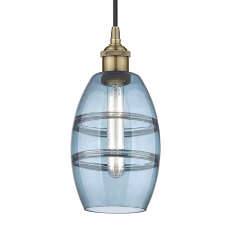 A large image of the Innovations Lighting 616-1P 8 6 Vaz Pendant Antique Brass / Princess Blue