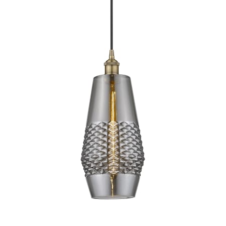 A large image of the Innovations Lighting 616-1P-17-7 Windham Pendant Antique Brass / Smoked