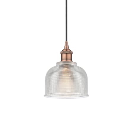 A large image of the Innovations Lighting 616-1P-9-6 Dayton Pendant Antique Copper / Clear