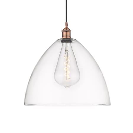 A large image of the Innovations Lighting 616-1P-18-16 Edison Dome Pendant Antique Copper / Clear