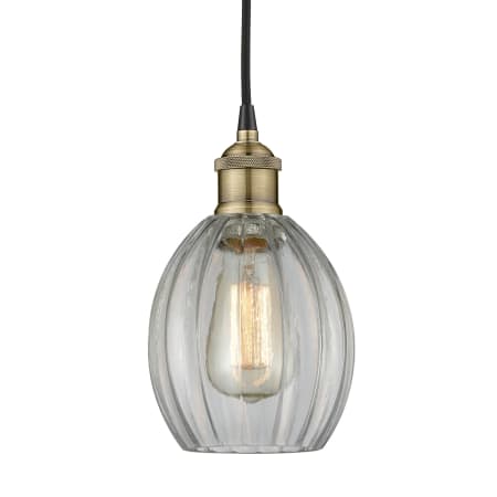 A large image of the Innovations Lighting 616-1P-11-6 Eaton Pendant Black Antique Brass / Clear