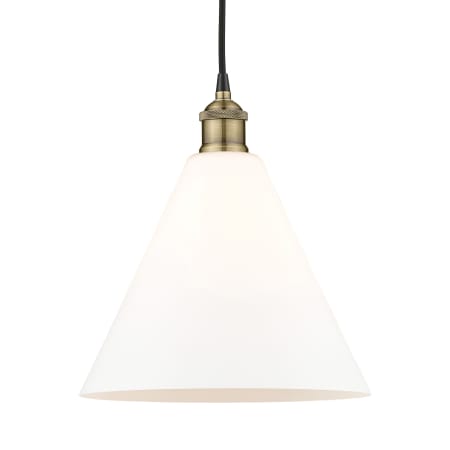 A large image of the Innovations Lighting 616-1P-14-12 Edison Glass Cone Pendant Black Antique Brass / Matte White