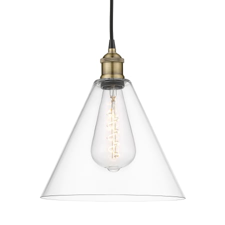 A large image of the Innovations Lighting 616-1P-14-12 Edison Glass Cone Pendant Black Antique Brass / Clear