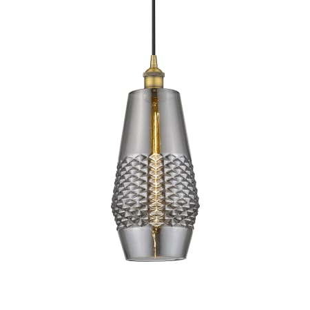 A large image of the Innovations Lighting 616-1P-17-7 Windham Pendant Brushed Brass / Smoked