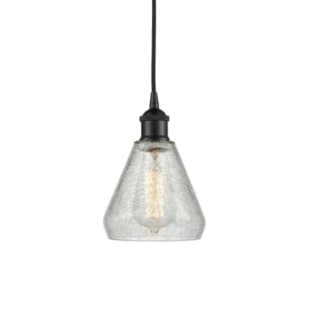 A large image of the Innovations Lighting 616-1P-11-6 Conesus Pendant Matte Black / Clear Crackle