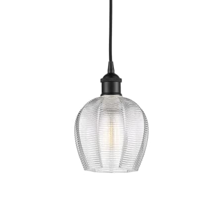 A large image of the Innovations Lighting 616-1P-10-6 Norfolk Pendant Matte Black / Clear