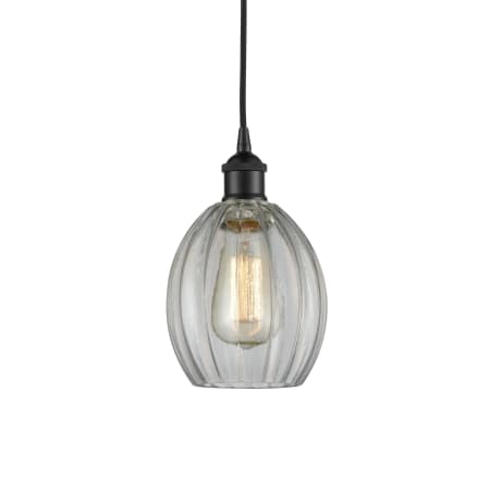 A large image of the Innovations Lighting 616-1P-11-6 Eaton Pendant Matte Black / Clear