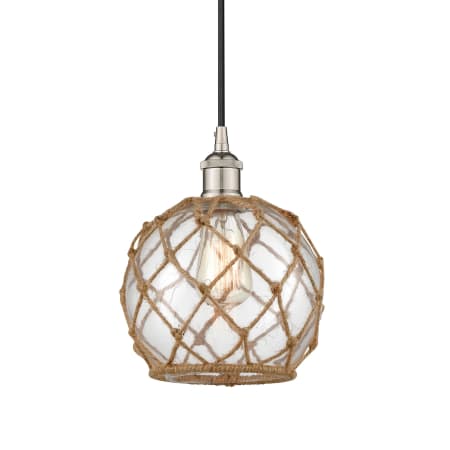 A large image of the Innovations Lighting 616-1P-11-8 Farmhouse Pendant Polished Nickel / Clear Glass with Brown Rope