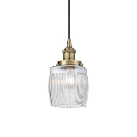 A large image of the Innovations Lighting 616-1PH-10-6 Colton Pendant Antique Brass / Clear Halophane