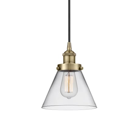 A large image of the Innovations Lighting 616-1PH-10-8 Cone Pendant Antique Brass / Clear