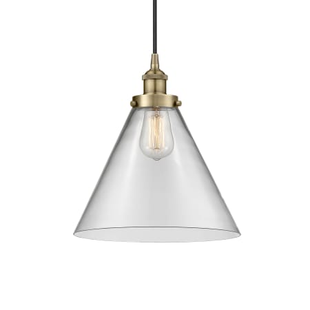 A large image of the Innovations Lighting 616-1PH-15-12-L Cone Pendant Antique Brass / Clear