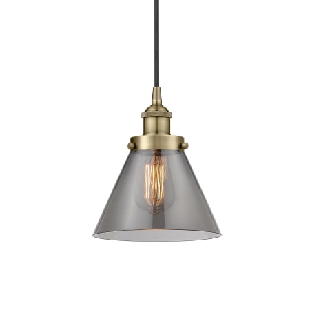 A large image of the Innovations Lighting 616-1PH-10-8 Cone Pendant Antique Brass / Plated Smoke