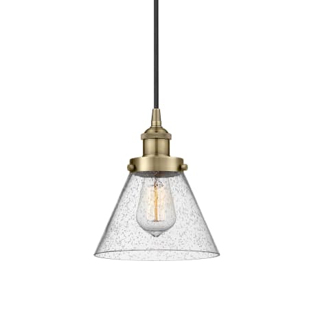 A large image of the Innovations Lighting 616-1PH-10-8 Cone Pendant Antique Brass / Seedy