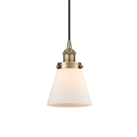 A large image of the Innovations Lighting 616-1PH-10-6 Cone Pendant Antique Brass / Matte White