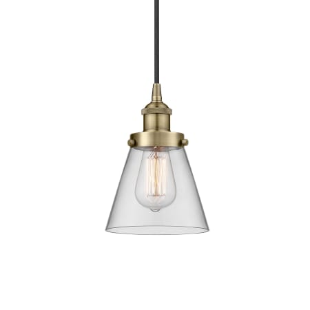 A large image of the Innovations Lighting 616-1PH-10-6 Cone Pendant Antique Brass / Clear