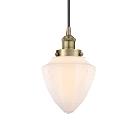 A large image of the Innovations Lighting 616-1PH-12-7 Bullet Pendant Antique Brass / Matte White