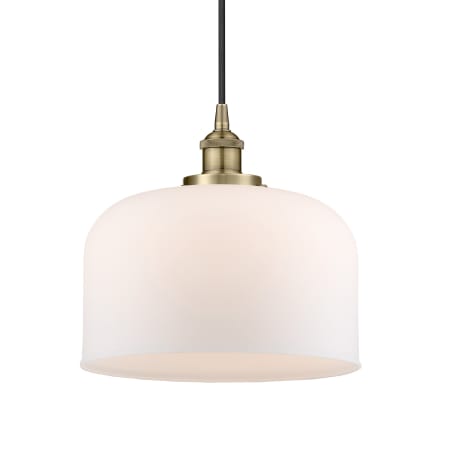 A large image of the Innovations Lighting 616-1PH-12-12-L Bell Pendant Antique Brass / Matte White