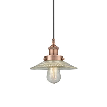 A large image of the Innovations Lighting 616-1PH-6-9 Halophane Pendant Antique Copper / Clear Halophane