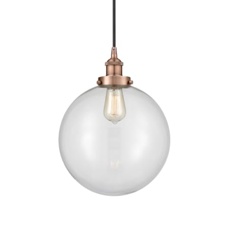 A large image of the Innovations Lighting 616-1PH-16-12 Beacon Pendant Antique Copper / Clear