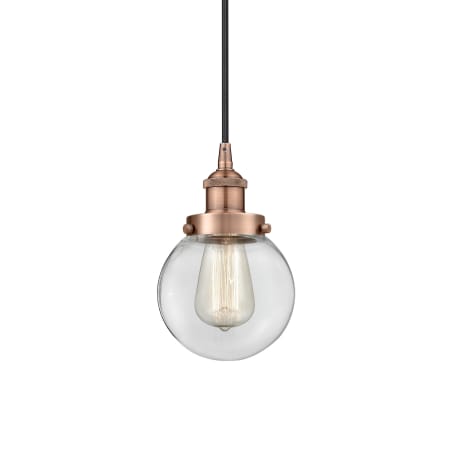 A large image of the Innovations Lighting 616-1PH-10-6 Beacon Pendant Antique Copper / Clear