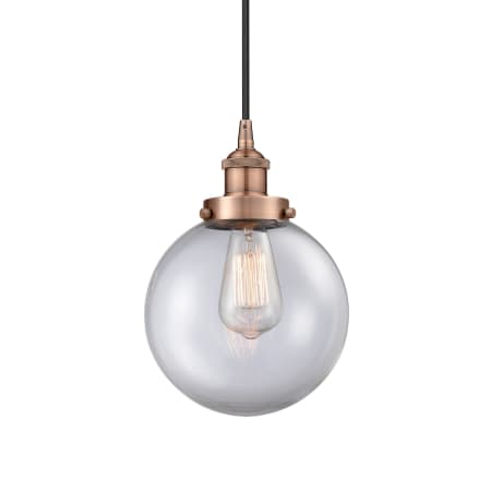A large image of the Innovations Lighting 616-1PH-12-8 Beacon Pendant Antique Copper / Clear