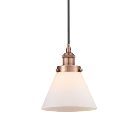 A large image of the Innovations Lighting 616-1PH-10-8 Cone Pendant Antique Copper / Matte White