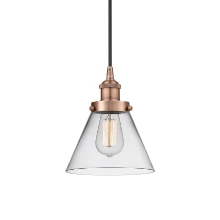 A large image of the Innovations Lighting 616-1PH-10-8 Cone Pendant Antique Copper / Clear