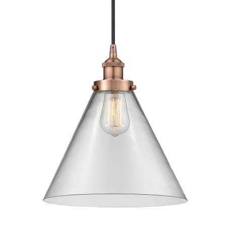 A large image of the Innovations Lighting 616-1PH-15-12-L Cone Pendant Antique Copper / Clear