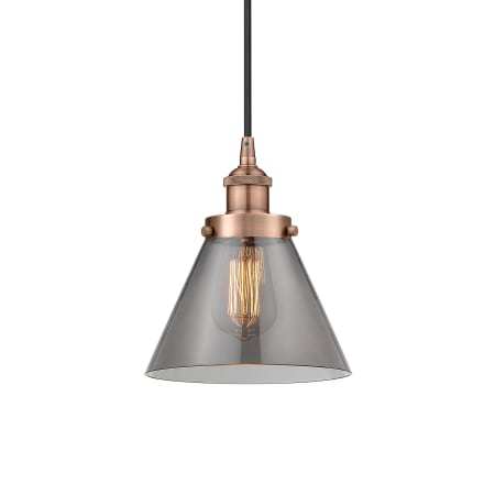 A large image of the Innovations Lighting 616-1PH-10-8 Cone Pendant Antique Copper / Plated Smoke