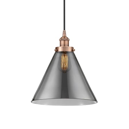 A large image of the Innovations Lighting 616-1PH-15-12-L Cone Pendant Antique Copper / Plated Smoke