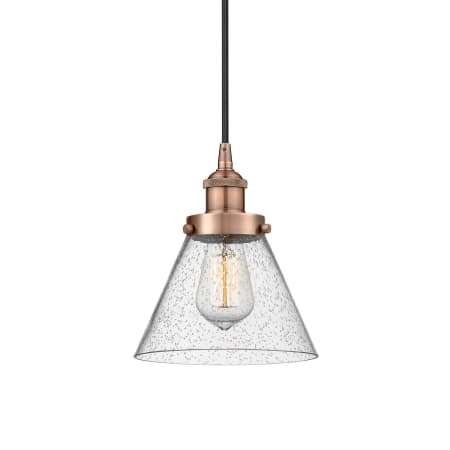 A large image of the Innovations Lighting 616-1PH-10-8 Cone Pendant Antique Copper / Seedy