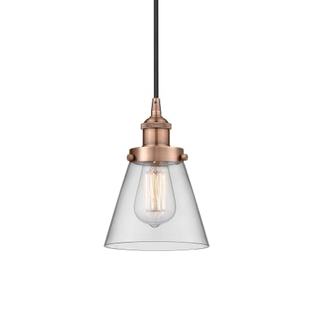 A large image of the Innovations Lighting 616-1PH-10-6 Cone Pendant Antique Copper / Clear
