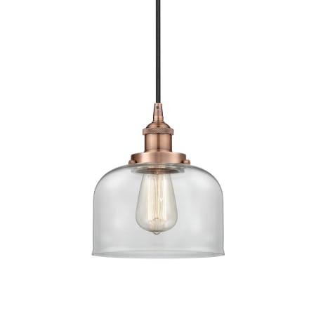 A large image of the Innovations Lighting 616-1PH-10-8 Bell Pendant Antique Copper / Clear