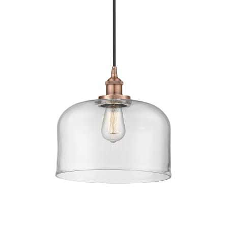 A large image of the Innovations Lighting 616-1PH-12-12-L Bell Pendant Antique Copper / Clear