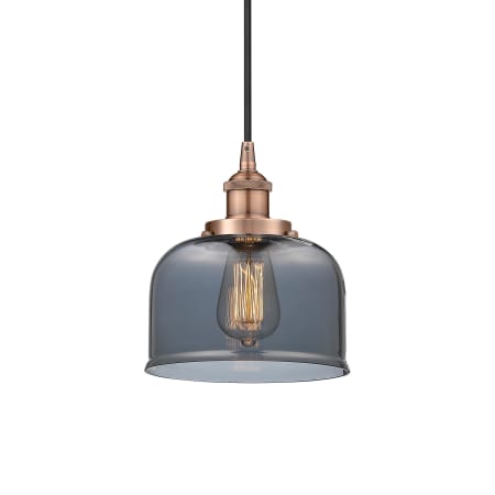 A large image of the Innovations Lighting 616-1PH-10-8 Bell Pendant Antique Copper / Plated Smoke