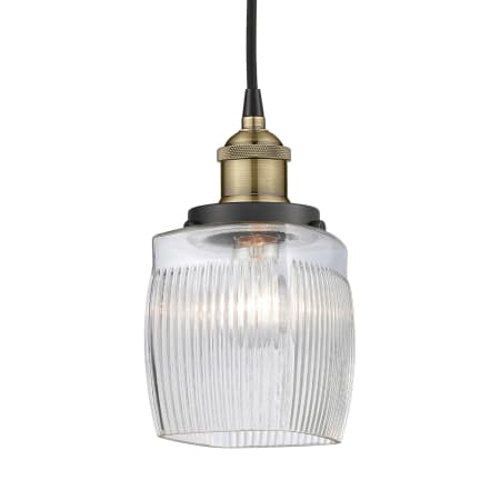 A large image of the Innovations Lighting 616-1PH-10-6 Colton Pendant Black Antique Brass / Clear Halophane