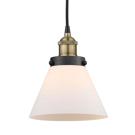 A large image of the Innovations Lighting 616-1PH-10-8 Cone Pendant Black Antique Brass / Matte White