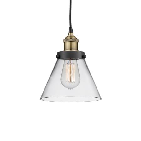 A large image of the Innovations Lighting 616-1PH-10-8 Cone Pendant Black Antique Brass / Clear