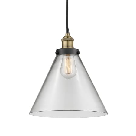 A large image of the Innovations Lighting 616-1PH-15-12-L Cone Pendant Black Antique Brass / Clear