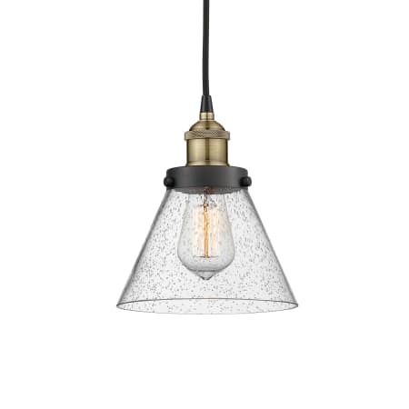 A large image of the Innovations Lighting 616-1PH-10-8 Cone Pendant Black Antique Brass / Seedy