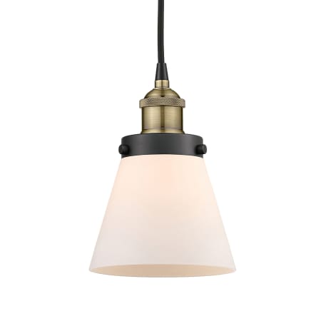 A large image of the Innovations Lighting 616-1PH-10-6 Cone Pendant Black Antique Brass / Matte White