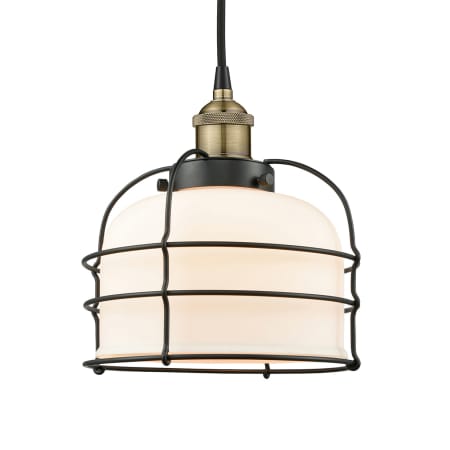 A large image of the Innovations Lighting 616-1PH-10-9 Bell Cage Pendant Black Antique Brass / Matte White